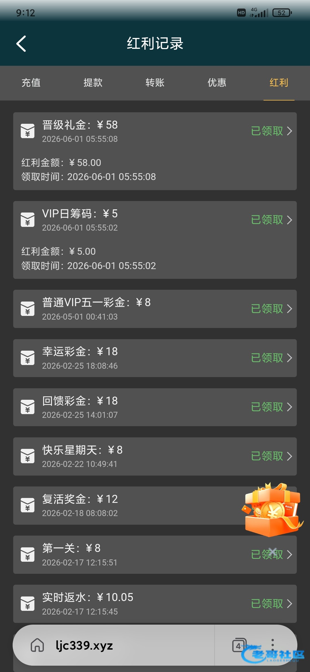 【乐金城-重复领一次晋级彩金】