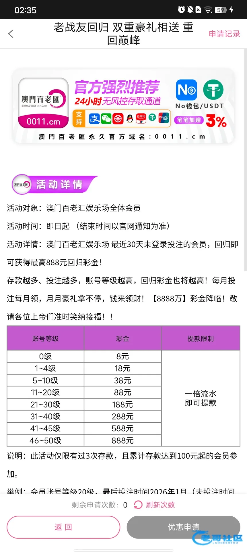 澳门百老汇老用户回归优惠